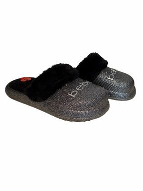 bebe Sport Silver Glitter Faux Fur Slide Shoes with Black Trim Women’s 6